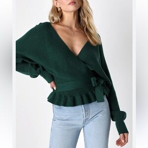 Lulus Emerald V-Neck Faux-Wrap Knit Sweater Top-🚩Belt Not Included - M